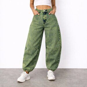 Chartreuse Barrel Leg Jeans Acid Wash Darted High Rise Baggy Y2K Women Small 2 4